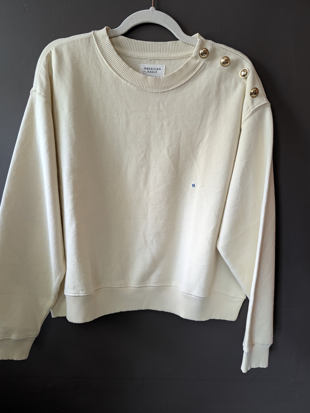 American Eagle Outfitters Cream Crewneck Sweatshirt with Gold Shoulder Buttons